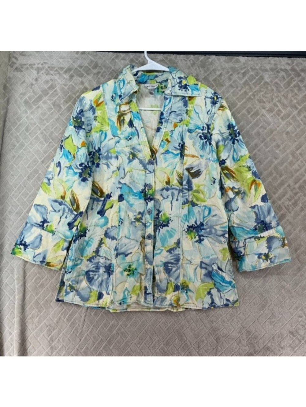 Harve Bernard Shirt Womens L Blue Green Floral Glitter Button Up Long Sleeve